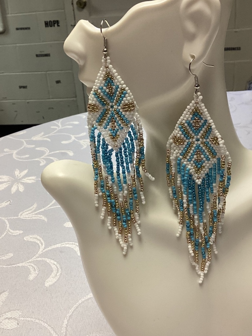 Beaded long sandle earrings turquoise n white stunning